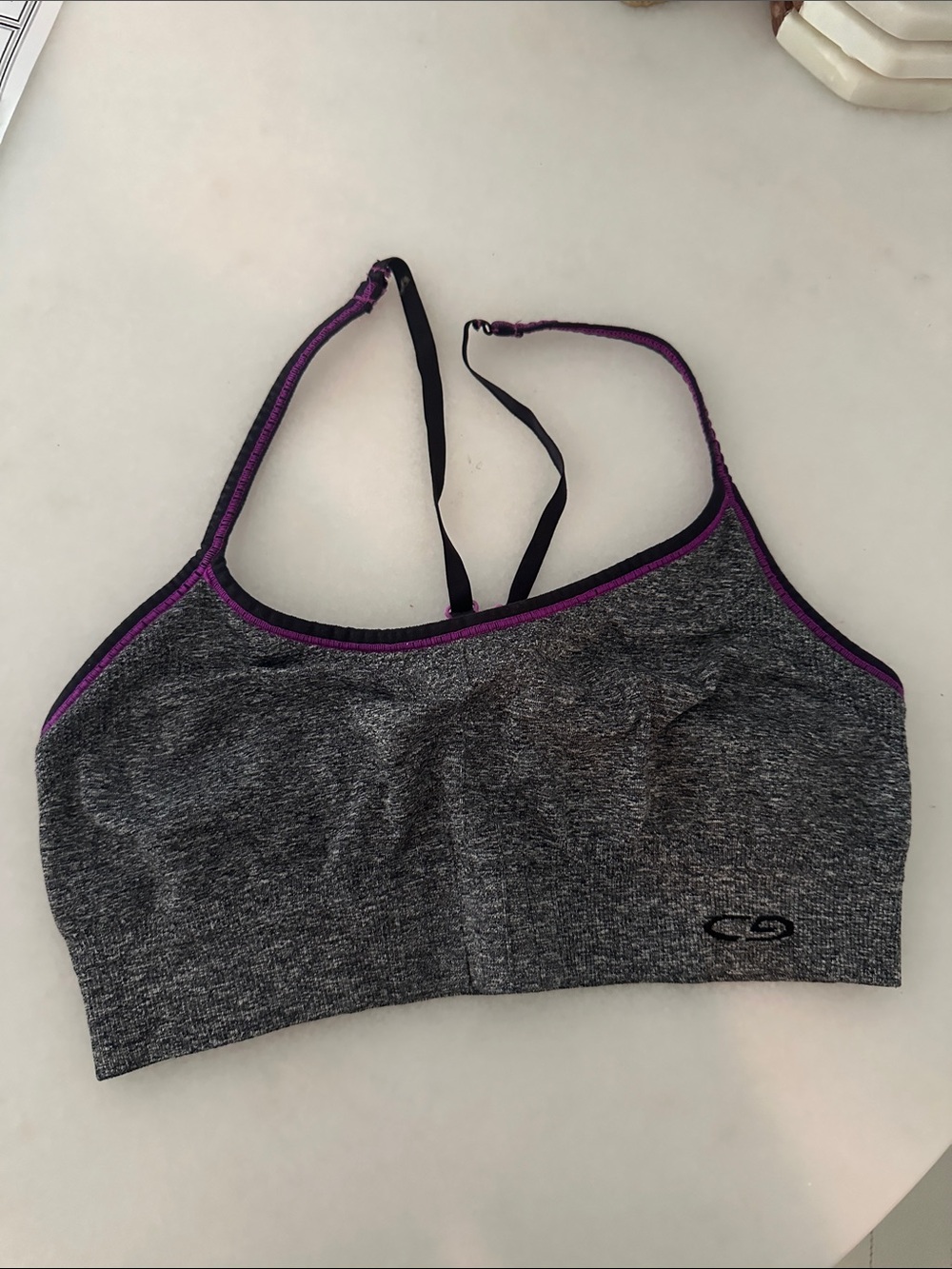 Heather Gray Sports Bra with Purple Trim - Supportive Everyday Fit